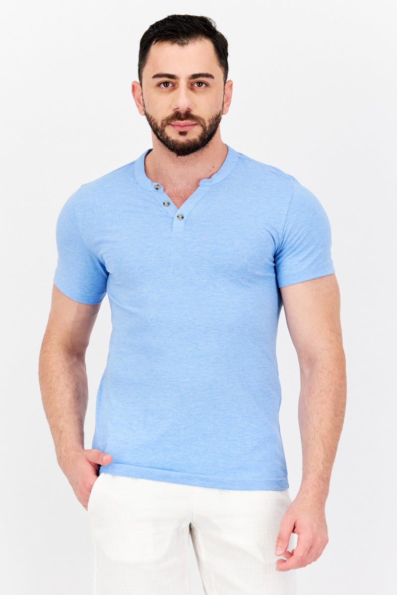 Celio Men Split Neck Short Sleeve Textured Hurley T-Shirt, Light Blue - Image 1